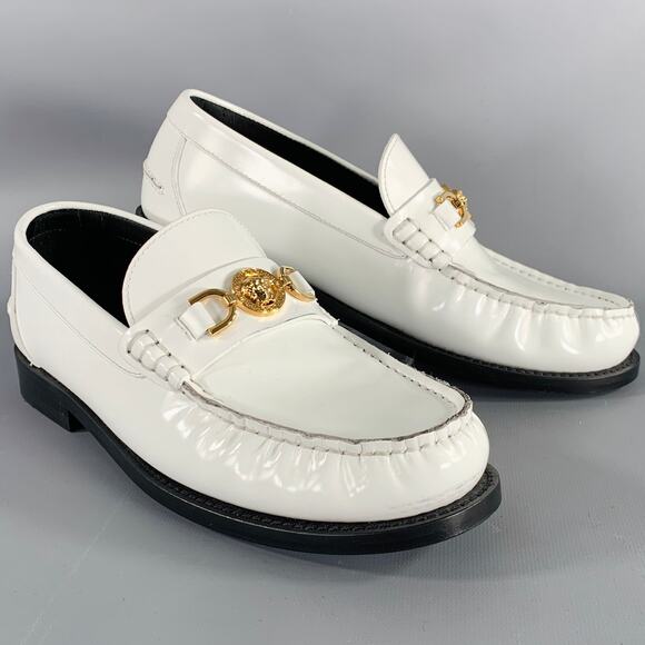 VERSACE Size 9 White Gold Leather Logo Moccasin Flats - Picture 1 of 10